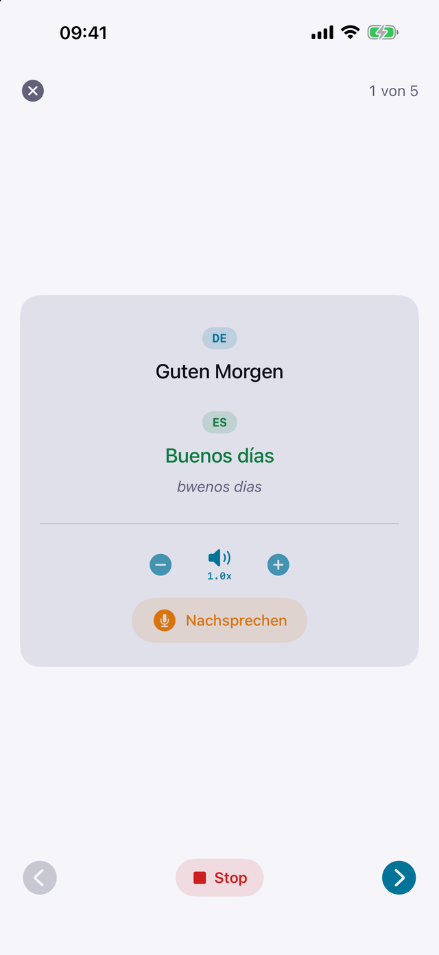 Echte Tolki-Lernkarte: Guten Morgen wird ins Spanische als Buenos días übersetzt, mit Aussprache und Wiedergabe.