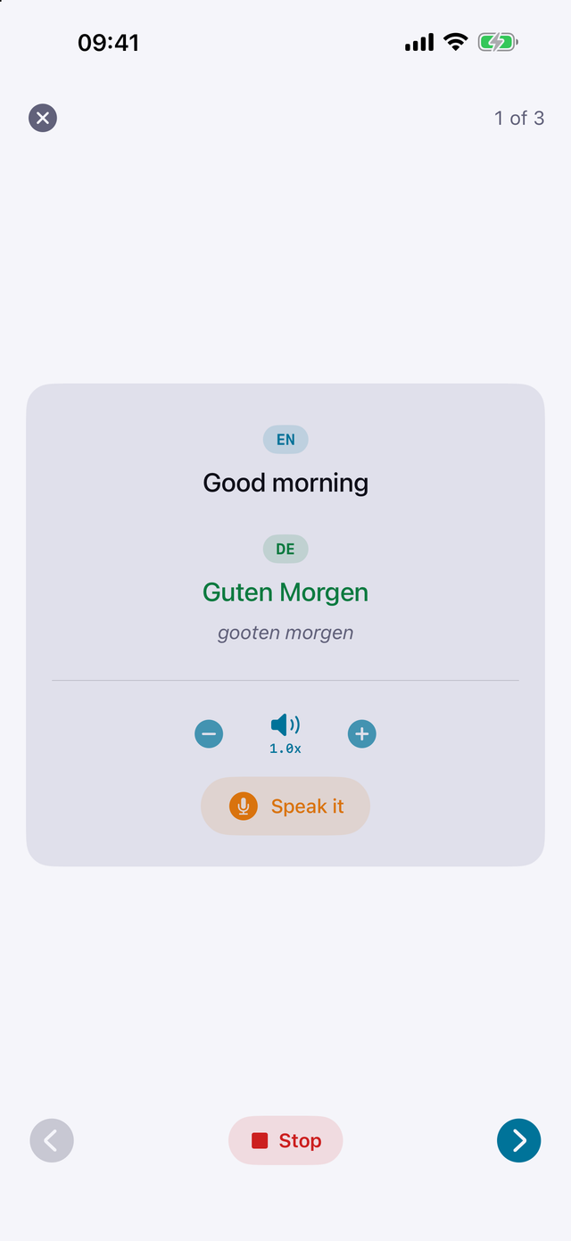 An actual Tolki learning card translating Good morning into German as Guten Morgen, with pronunciation and audio controls.
