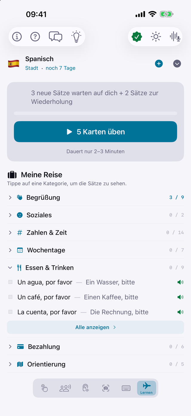 Tolki-Lernreise für Spanisch mit Kategorien und echten Satzpaaren für Wasser, Kaffee und die Rechnung.