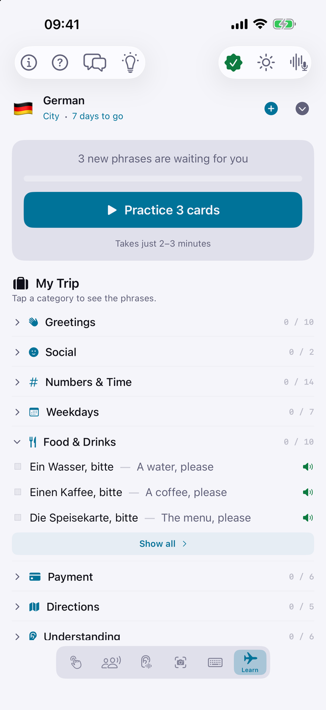 Tolki German learning trip with categories and real phrase pairs for water, coffee and the menu.